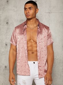 Manfinity AFTRDRK Men Random Floral Jacquard Satin Shirt - Dusty Pink - View 6