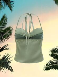 SHEIN ICON Grunge Satin Ruched Crop Halter Top - Mint Green - View 2