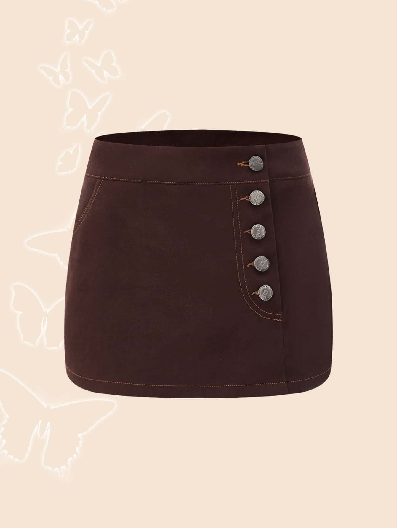 SHEIN MOD Grunge Slant Pocket Button Front Skirt - Chocolate Brown - View 1