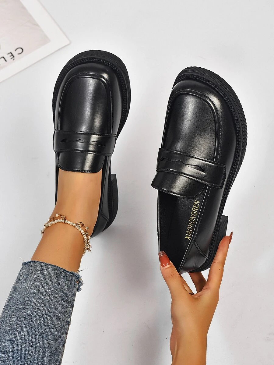 Minimalist Slip On Penny Loafers - Black - View 1