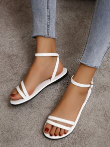 Casual Outdoors Comfy Sandals For Women, Minimalist Plain Artificial Leather Open Toe Ankle Strap Sandals - White - View 5
