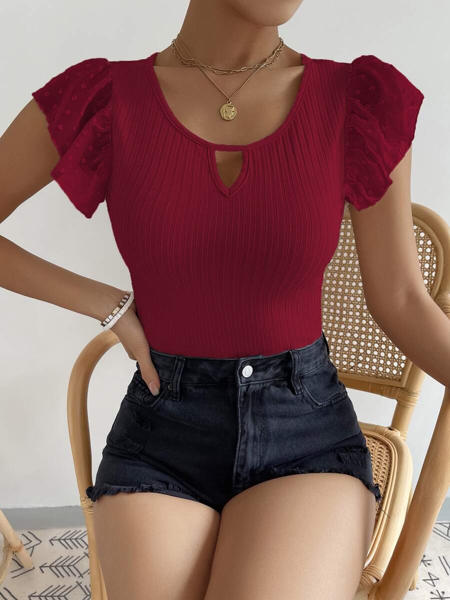 Breezaya Swiss Dot Butterfly Sleeve Keyhole Neck Tee For New Year Clothes - Red - View 1