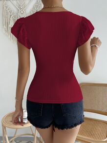Breezaya Swiss Dot Butterfly Sleeve Keyhole Neck Tee For New Year Clothes - Red - View 2