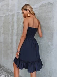 Breezaya Vestido de tubo liso con Body fruncido y dobladillo con volantes para vacaciones y salidas a la playa para mujeres - Azul Marino - Ver 2