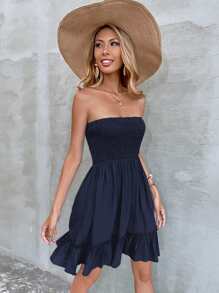 Breezaya Vestido de tubo liso con Body fruncido y dobladillo con volantes para vacaciones y salidas a la playa para mujeres - Azul Marino - Ver 3