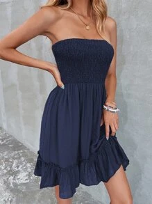 Breezaya Vestido de tubo liso con Body fruncido y dobladillo con volantes para vacaciones y salidas a la playa para mujeres - Azul Marino - Ver 4