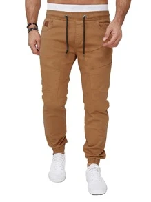 Manfinity Homme 男士腰部抽繩錐形褲 - 駝色 - 查看 4