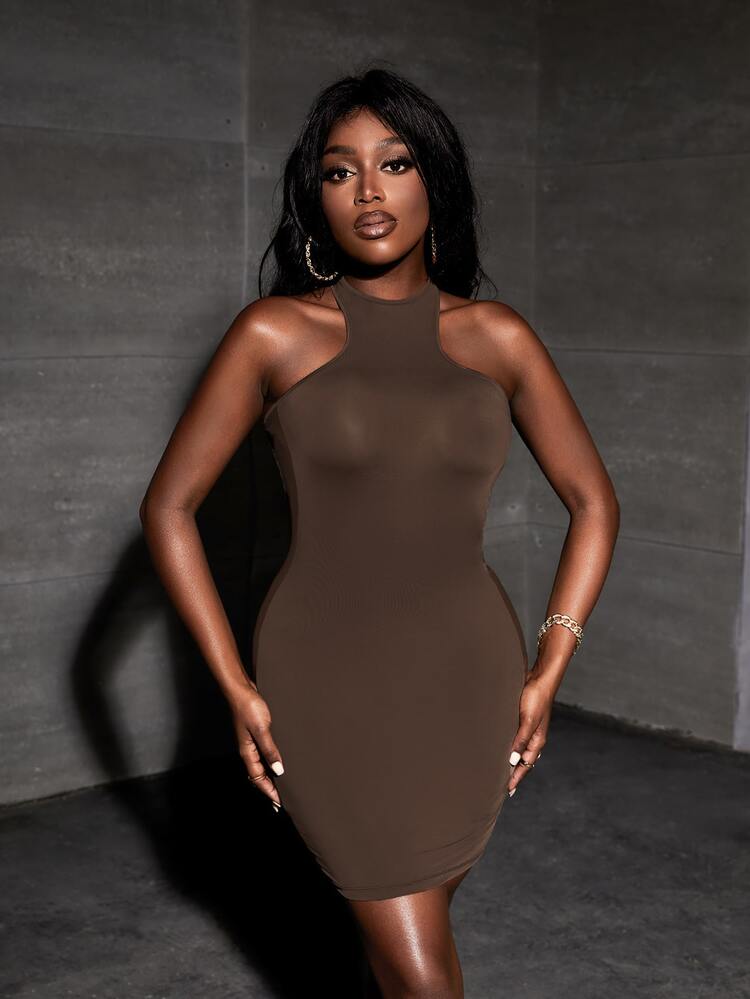 SHEIN SXY Solid Backless Halter Dress | SHEIN USA