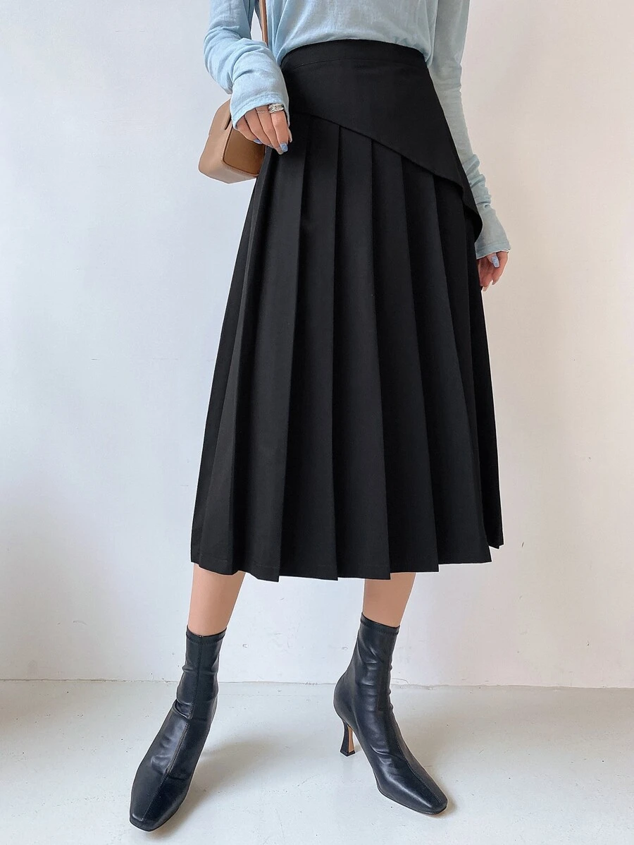 DAZY High Waist Pleated Panel Skirt - Black - View 1