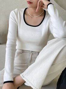 DAZY 拼接邊大圓領條紋針織套頭毛衣 - 米色 - 查看 1