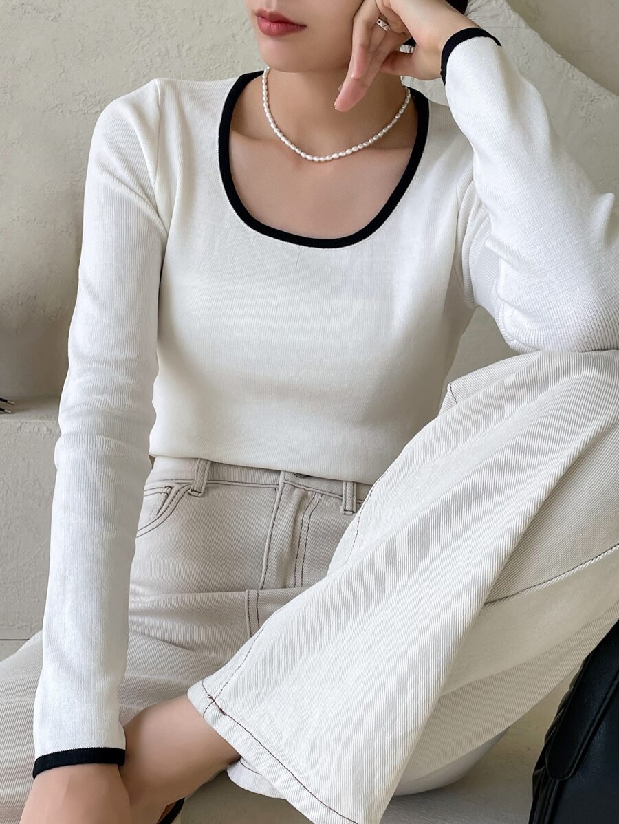 DAZY 拼接邊大圓領條紋針織套頭毛衣 - 米色 - 查看 1