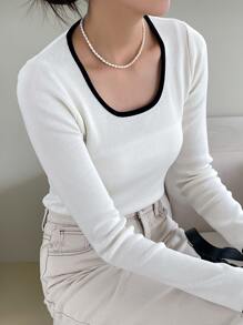 DAZY 拼接邊大圓領條紋針織套頭毛衣 - 米色 - 查看 4