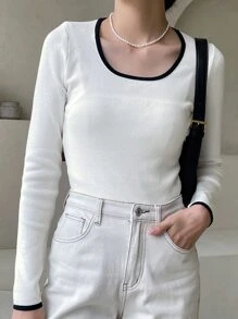 DAZY 拼接邊大圓領條紋針織套頭毛衣 - 米色 - 查看 5