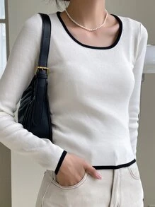 DAZY 拼接邊大圓領條紋針織套頭毛衣 - 米色 - 查看 6