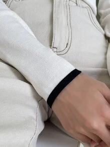 DAZY 拼接邊大圓領條紋針織套頭毛衣 - 米色 - 查看 7