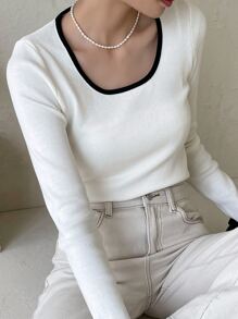 DAZY 拼接邊大圓領條紋針織套頭毛衣 - 米色 - 查看 8