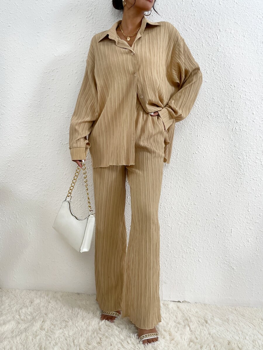 RueChic 落肩袖襯衫和長褲 - 卡其色 - 查看 1