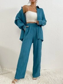 RueChic Bộ đồ hai mảnh nữ Nút phía trước màu trơn Giải trí - Màu xanh lam - Xem 6