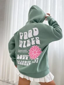SHEIN Unity 口号和花卉印花落肩抽绳连帽衫 GOOD VIBES CHOOSE HAPPY TRUST YOURSELF LOVE ALWAYS 1997 花卉连帽衫女孩连帽衫可爱连帽衫