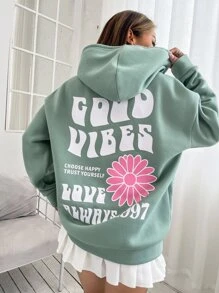 SHEIN Unity 口号和花卉印花落肩抽绳连帽衫 GOOD VIBES CHOOSE HAPPY TRUST YOURSELF LOVE ALWAYS 1997 花卉连帽衫女孩连帽衫可爱连帽衫