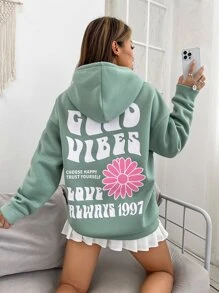 SHEIN Unity 口号和花卉印花落肩抽绳连帽衫 GOOD VIBES CHOOSE HAPPY TRUST YOURSELF LOVE ALWAYS 1997 花卉连帽衫女孩连帽衫可爱连帽衫