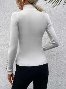 SHEIN Unity Turtleneck Button Cuff Ribbed Knit Sweater - White - View 2