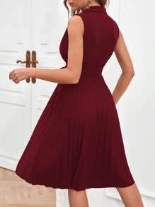 SHEIN Clasi Đầm Thắt lưng Xếp li Trọn gói màu trơn Thanh lịch - Màu Đỏ Sâu - Xem 2