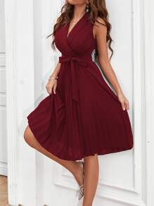 SHEIN Clasi Đầm Thắt lưng Xếp li Trọn gói màu trơn Thanh lịch - Màu Đỏ Sâu - Xem 3