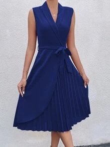 SHEIN LUNE Đầm Thắt lưng Xếp li Trọn gói màu trơn Thanh lịch - Xanh đậm - Xem 1