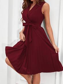 SHEIN Clasi Đầm Thắt lưng Xếp li Trọn gói màu trơn Thanh lịch - Màu Đỏ Sâu - Xem 5