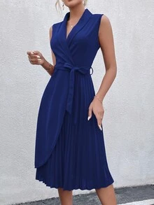 SHEIN LUNE Đầm Thắt lưng Xếp li Trọn gói màu trơn Thanh lịch - Xanh đậm - Xem 5