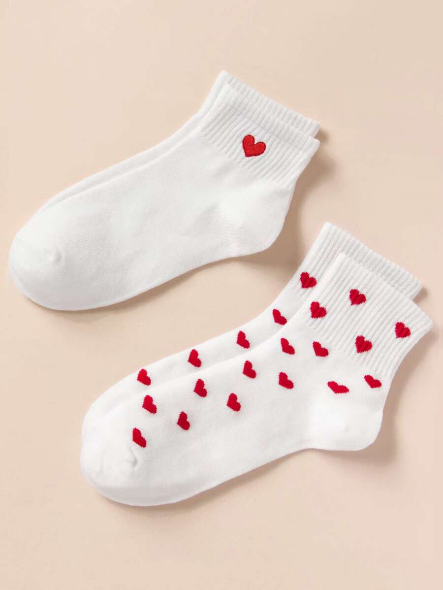 2pairs Heart Print Ankle Socks - White - View 1