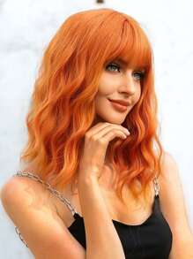 渐变金色短波浪 Cosplay Lolita 假发，带刘海，浅铂金鲍勃，耐热合成假发，适合女性日常派对假发（请注意佩戴和护理方式，由于拍摄时的光线和角度，实际产品可能与图像有轻微的颜色差异。） - 橘色 - 查看 3