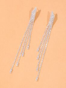 Rhinestone Tassel Drop Earrings - Silver - View 2