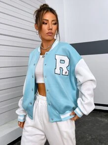 SHEIN Qutie Letter Embroidery Two Tone Drop Shoulder Varsity Jacket - Blue and White - View 3