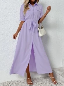 SHEIN Unity 前紐扣腰帶襯衫洋裝 - 紫羅蘭色 - 查看 1