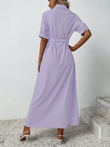 SHEIN Unity 前紐扣腰帶襯衫洋裝 - 紫羅蘭色 - 查看 2