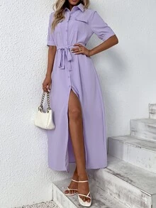 SHEIN Unity 前紐扣腰帶襯衫洋裝 - 紫羅蘭色 - 查看 3