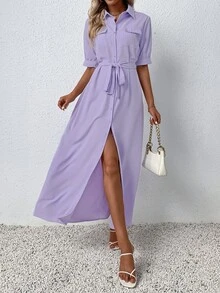 SHEIN Unity 前紐扣腰帶襯衫洋裝 - 紫羅蘭色 - 查看 4