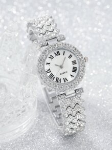 1入女士銀色鑲鑽鋅合金錶帶迷人圓錶盤石英手錶及1入鍊式手鐲，適用於禮物假期