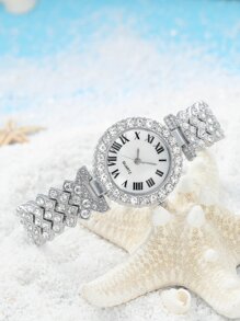 1入女士銀色鑲鑽鋅合金錶帶迷人圓錶盤石英手錶及1入鍊式手鐲，適用於禮物假期