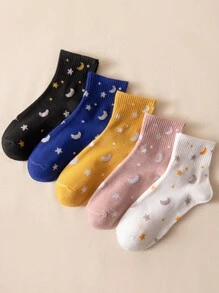 5pairs Star & Moon Pattern Crew Socks