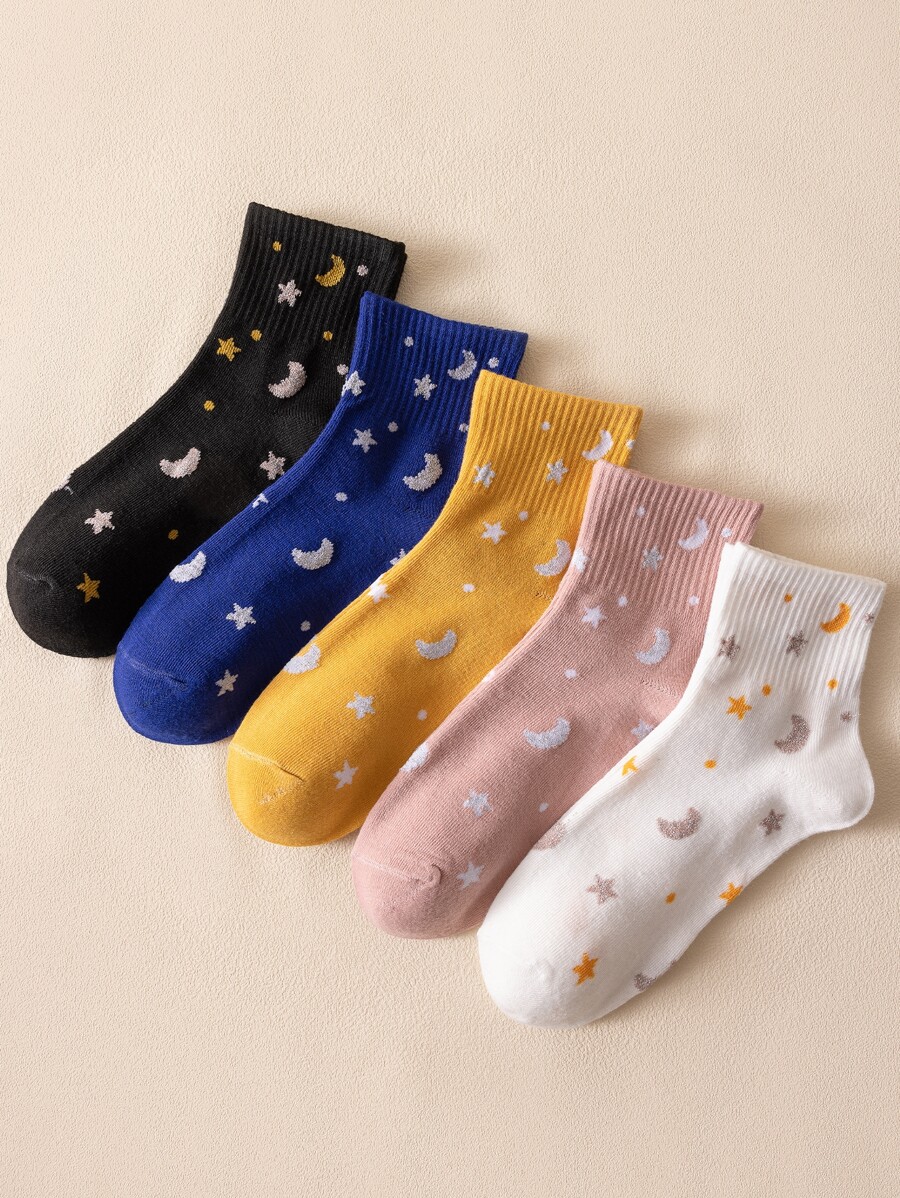 5pairs Star & Moon Pattern Crew Socks