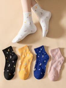 5pairs Star & Moon Pattern Crew Socks