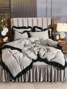 Ruffle Trim Duvet Cover Set Without Filler - Light Grey - View 1