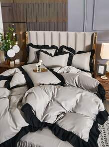 Ruffle Trim Duvet Cover Set Without Filler - Light Grey - View 2