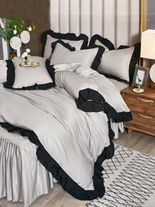 Ruffle Trim Duvet Cover Set Without Filler - Light Grey - View 4
