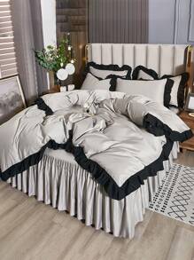 Ruffle Trim Duvet Cover Set Without Filler - Light Grey - View 6