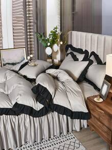 Ruffle Trim Duvet Cover Set Without Filler - Light Grey - View 7