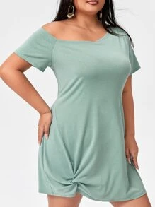 SHEIN Unity Đầm Plus Size xoắn lại màu trơn Giải trí - Màu xanh Bạc hà - Xem 3